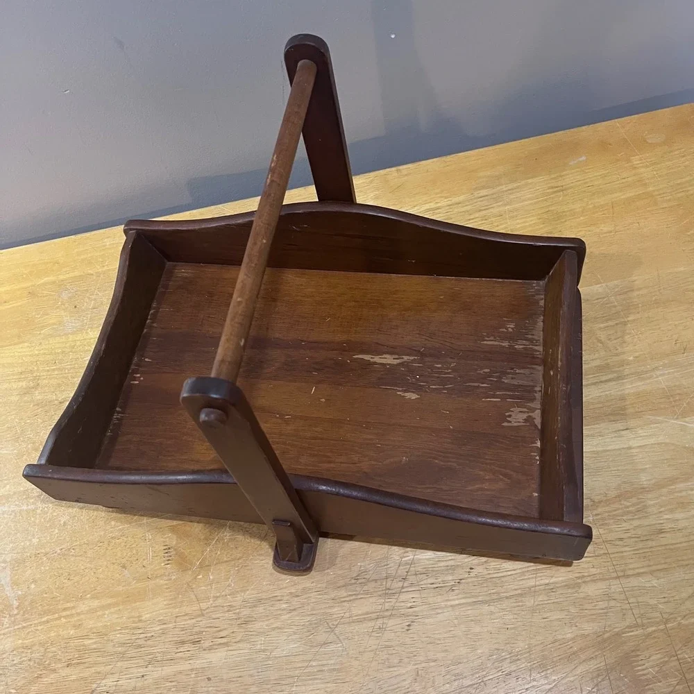 Vtg Primitive Rustic Wooden Caddy Tray Handle Farmhouse Centerpiece 19.5